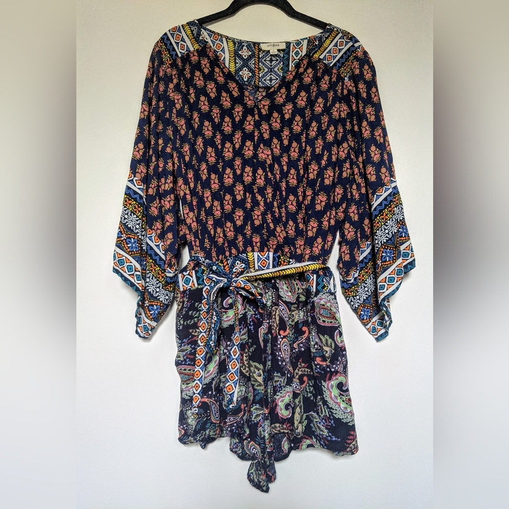 Umgee Long Sleeve Multi Color Tie Waist Boho Beachy Coverup  Romper sz S
